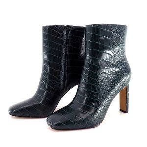 INC International Concepts Leather Viana Ankle Boots Green Croc Embossed Heels